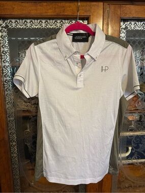 HP Men's White Polo with Gray Shoulder Panels Horseware Platinum